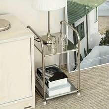 1pc Modern Stainless Steel Edged Nightstand With Storage Space, Silver, Home Storage Rack, No Assembly Required, Height Under 27 Inches, Space-Saving Design, No Power Needed, Suitable For Sofa And Kitchen, Practical Shelf - Multicolor - View 2