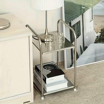 1pc Modern Stainless Steel Edged Nightstand With Storage Space, Silver, Home Storage Rack, No Assembly Required, Height Under 27 Inches, Space-Saving Design, No Power Needed, Suitable For Sofa And Kitchen, Practical Shelf
