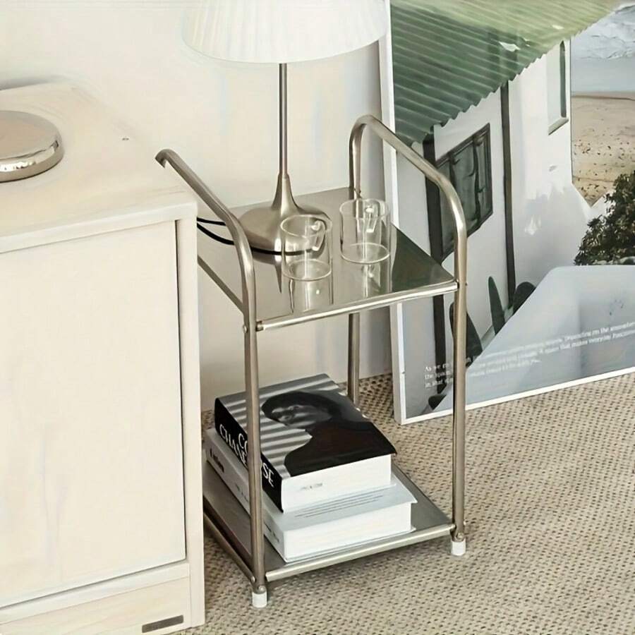 1pc Modern Stainless Steel Edged Nightstand With Storage Space, Silver, Home Storage Rack, No Assembly Required, Height Under 27 Inches, Space-Saving Design, No Power Needed, Suitable For Sofa And Kitchen, Practical Shelf