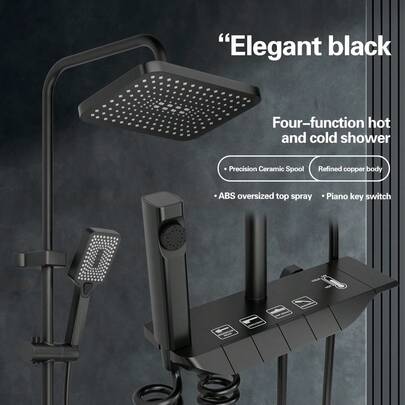 Luxury Copper Black Rainfall Shower Head Set - Wall-Mounted, Square, Pressurized With Constant Temperature Control, Authentic, Household