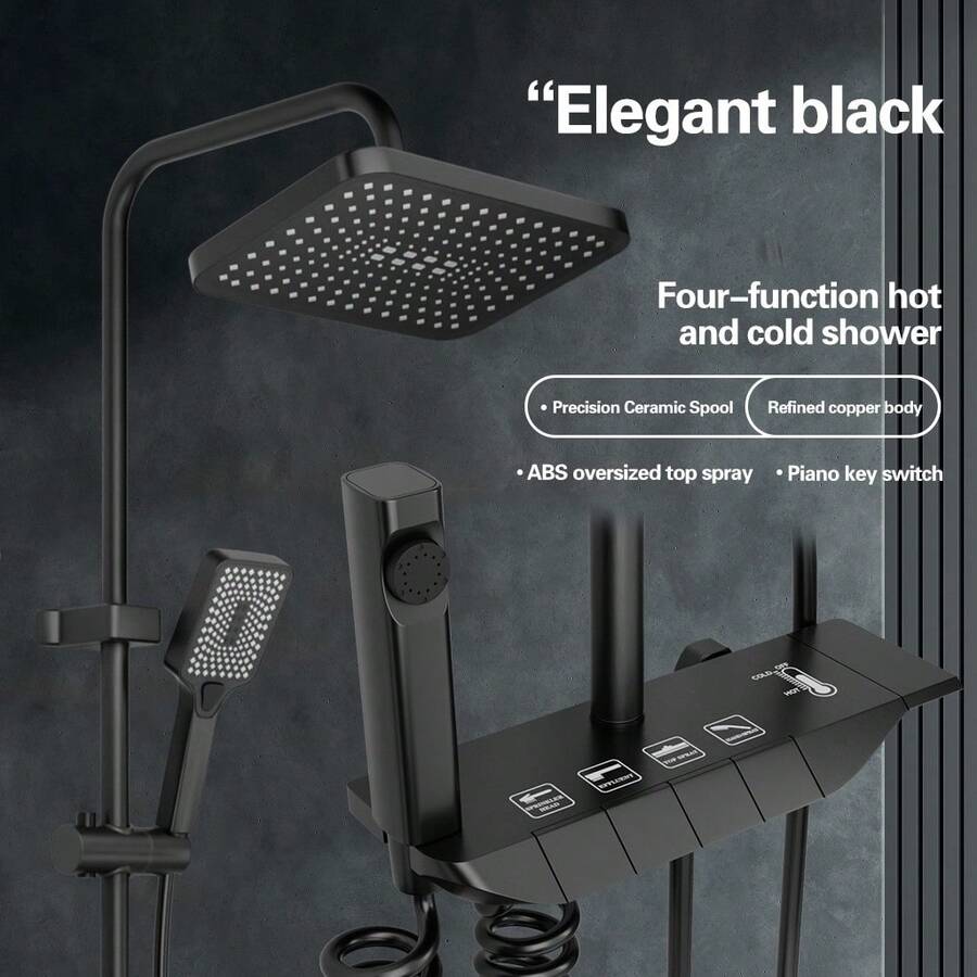 Luxury Copper Black Rainfall Shower Head Set - Wall-Mounted, Square, Pressurized With Constant Temperature Control, Authentic, Household