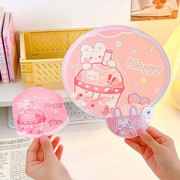 Cute Rabbit & Strawberry Drink Foldable Hand Fan, Portable Cartoon Rabbit Folding Fan Suitable For Summer, Pocket-Sized Fan Suitable For Girls, Portable Summer Cooling Fan Suitable For Travel And Daily Use [Random Style Delivery, Slightly Different Colors, Random Packaging]