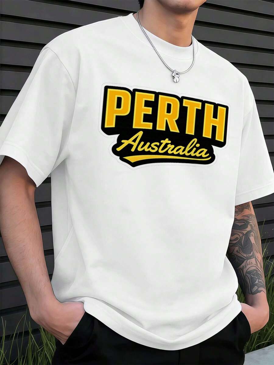 T-shirt graphique Perth (Australie) en coton doux, coupe confortable et respirante, style streetwear hip-hop, imprimé artistique - Blanc - Voir 1