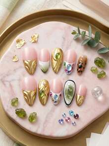 10Pcs Almond Fake Nails With Metal Embossed French False Nails Resin Base With Icy Transparent Design For Spring Summer - Multicolor - View 2