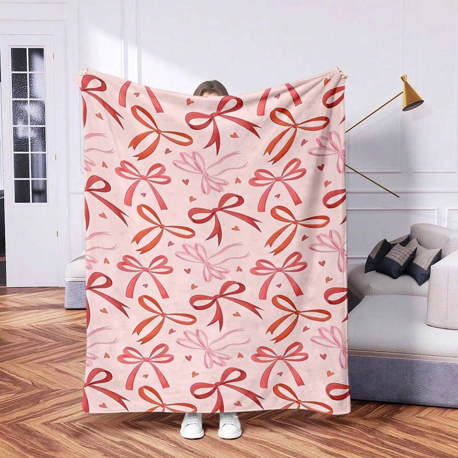 1条新款时尚蝴蝶结柔软毯，数码印花毛绒毯，适用于空调房、办公室小憩、露营、沙发或旅行 - 保暖舒适的涤纶材质 - 彩色 - 查看 1