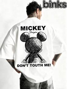 Disney Black And White Graffiti Mickey Mouse Pattern Short Sleeved T-Shirt, Cartoon Element Fashionable Loose Short Sleeved Street Style T-Shirt, Spring And Summer Fashionable Versatile Top - 白色 - 查看 2