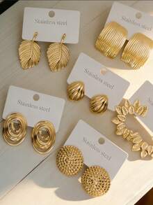 2/4 Pairs Of 18K Gold-Plated Stainless Steel Fashion Geometric Oval/Leaf, Shell Hollow Earrings Women's High-Quality Hypoallergenic Jewellery For Everyday Wear,Gold Earring - Gold - View 9