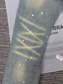 Men's High Street Ink Splattered Ripped Letter Logo Jeans, Men's Printed  Retro Made Small Leg Pants - 中等水洗藍 - 查看 9