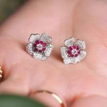 1 Pair Luxurious Copper Zirconia Stud Earrings, Ruby Earrings, Suitable For Daily Wear, Gift - Multicolor - View 3