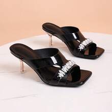 方头水晶高跟凉鞋，细高跟穆勒鞋，适合派对和夏季穿着 - 黑色 - 查看 7