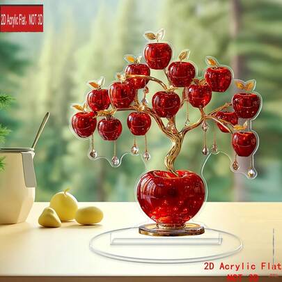 2D Elegante árbol de manzana con manzanas rojas y hojas doradas - Perfecto para la decoración del hogar, exhibición de escritorio, sala de estar y regalos festivos, sin necesidad de energía, adorno de manzana, artesanía exquisita, refinado de alta gama, adecuado para 11 festivales