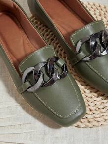 Olive Green Nappa Square Toe Moccasin I Chain - 軍綠色 - 查看 4