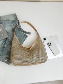 夏季女士编织手提包，时尚单肩手提包，适合通勤、海滩旅行，草编包 - 卡其色 - 查看 8