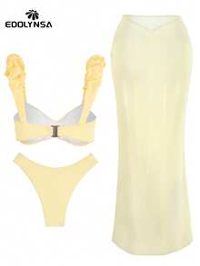 2pcs Women Summer Beach Set, Yellow Twist Bikini 3pcs Swimsuit With Ruffle Maxi Skirt, Fashion Beach Holiday Pool Party Outfit - Yellow - View 6
