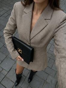 Buzzelle Women Retro Plaid Button Front Lapel Long Sleeve Blazer & Waisted Jacket Suit Set, Office Commute Style - Khaki - View 2