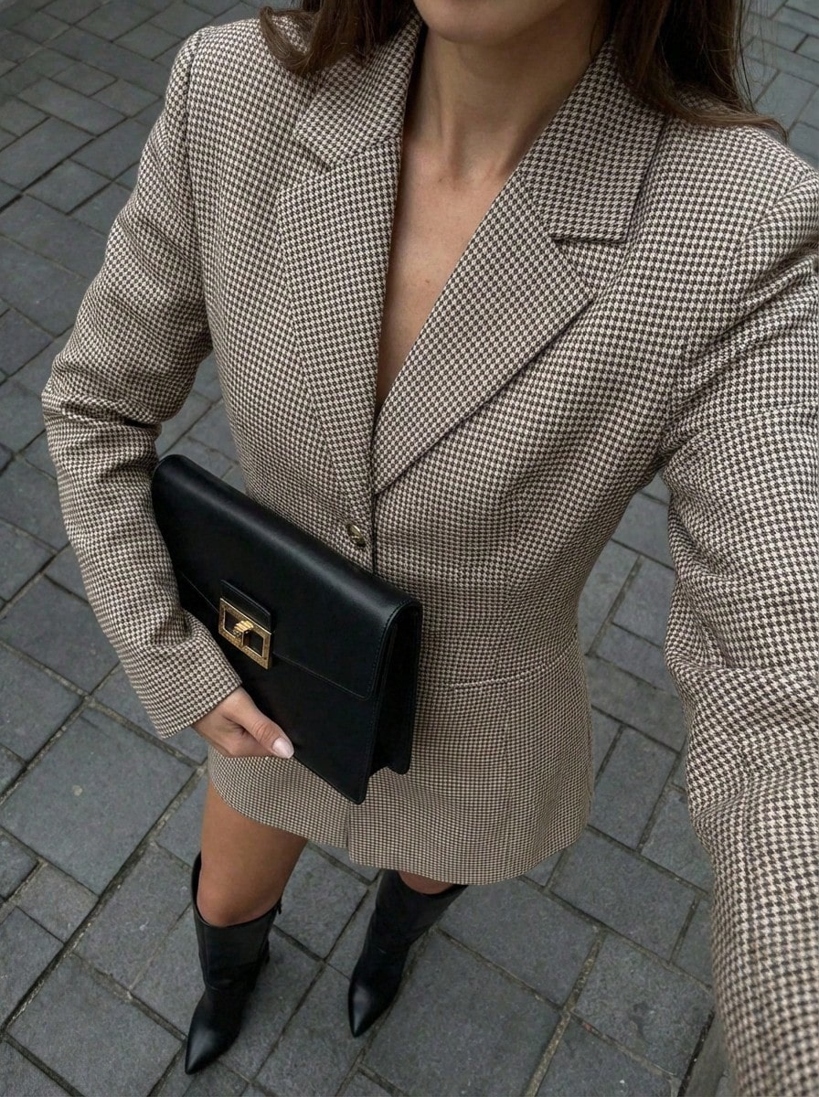 Buzzelle Women Retro Plaid Button Front Lapel Long Sleeve Blazer & Waisted Jacket Suit Set, Office Commute Style