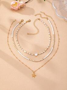 Bộ 3 dây chuyền phong cách Bohemian nhiều lớp, dây chuyền choker hạt trắng tối giản với mặt dây chuyền hình ngôi sao, bộ trang sức đính hạt phong cách Boho dành cho kỳ nghỉ. - Nhiều màu - Xem 2