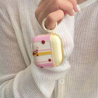Minimalist Translucent Pink-Yellow Striped Polka Dot Hanging Ring Earphone Case Suitable Compatible With Airpods Pro 2, Cute Apple 4 Minimalist 3 New 1/2 Generation Earphone Case Protector For Women