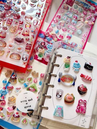 平成美食系列 3D 水晶浮雕闪光贴纸，厚实汉堡寿司图案，可用于装饰手账、手机壳、水杯等。