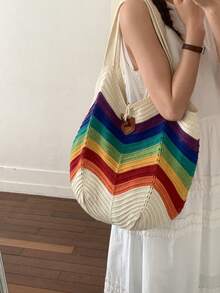Women's Tote Bag, Shoulder Bag, Beach Bag, Crochet Bag, Large Capacity, Rainbow Striped, Stylish Vacation Cute - Beige - View 4