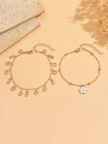 2pcs Bohemian Floral Round Crystal Pendant Anklet Set, Summer Beach Vacation Layered Fashion Anklet, Handmade Chain Can Be Cut To Length, Random Crystal Pendant - Multicolor - View 2