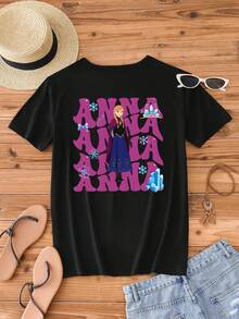 Disney Women's Casual Cotton Round Neck Short Sleeve T-Shirt With Anna Frozen Graphic Print - Black - View 3