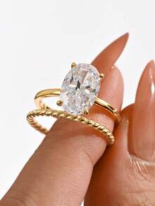 Bộ 2 chiếc nhẫn bạc S925 dành cho nữ, nhẫn Moissanite hình oval 4CT, kiểu dáng xoắn, thích hợp làm quà cưới, quà tặng hàng ngày và quà tặng ngày lễ. - Nhiều màu - Xem 3