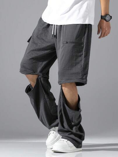 Men's Casual Cargo Pants, Solid Color Elastic Waist Convertible To 5-Inch Shorts, Loose Straight Leg Long Pants, Suitable For Spring, Autumn And Summer Casual/Sports Wear