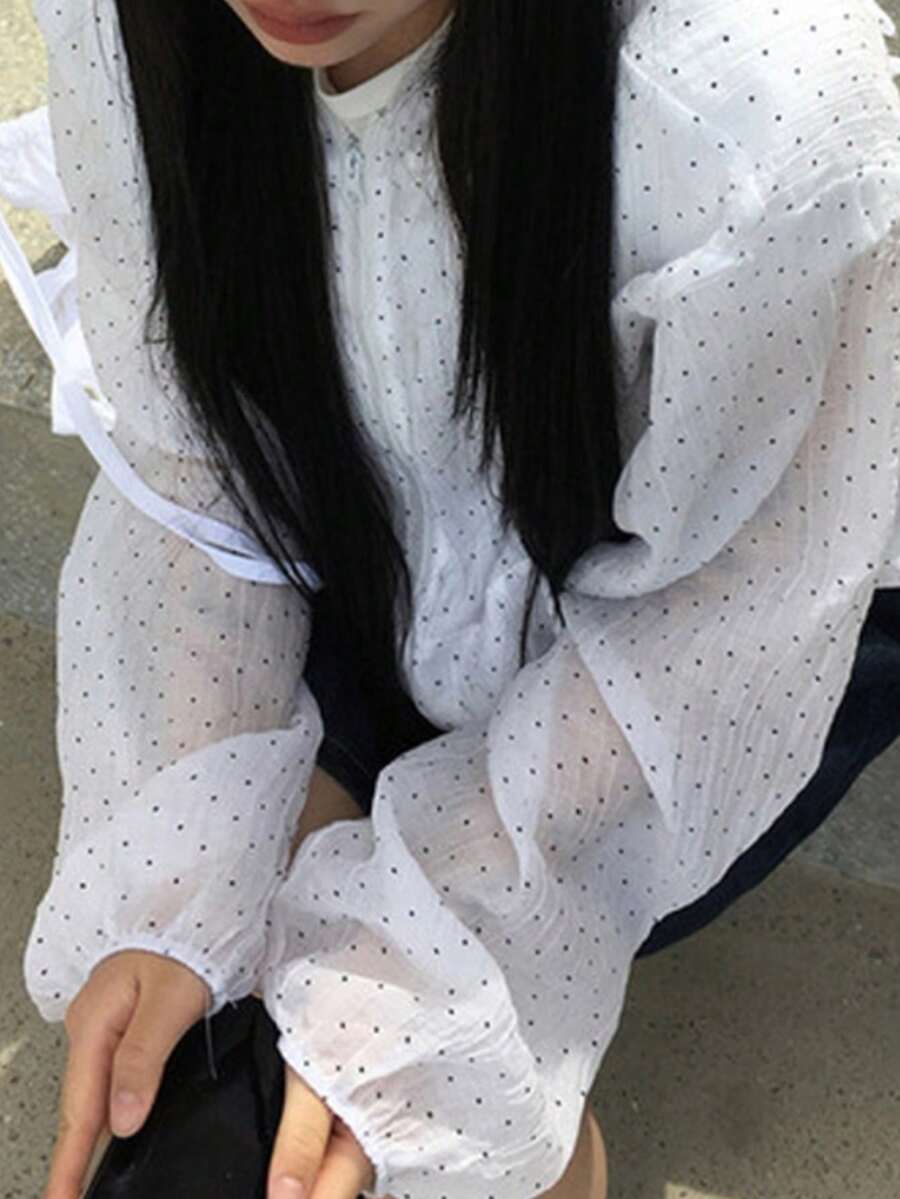 复古日系宽松波点休闲百搭连帽拉链外套 白色 - 白色 - 查看 1