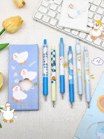 6pcs/Set Cute Duck Shaped Quick-Drying Neutral Pens, Limited Edition Black Color, Stationery For Female Students