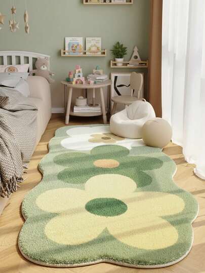 1pc French Cream Floral Living Room Sofa Carpet, Green Fresh Bedroom Decor Bedside Rug, Ins Style Balcony Window Long Plush Mat, Suitable For Bedroom Or Entrance Decoration, Indoor Comfort Pad | Cartoon Animal Design | Bedroom Carpet, Bedroom Decor, Room Decor Bedroom, Room Decor, Small Rug, Blanket