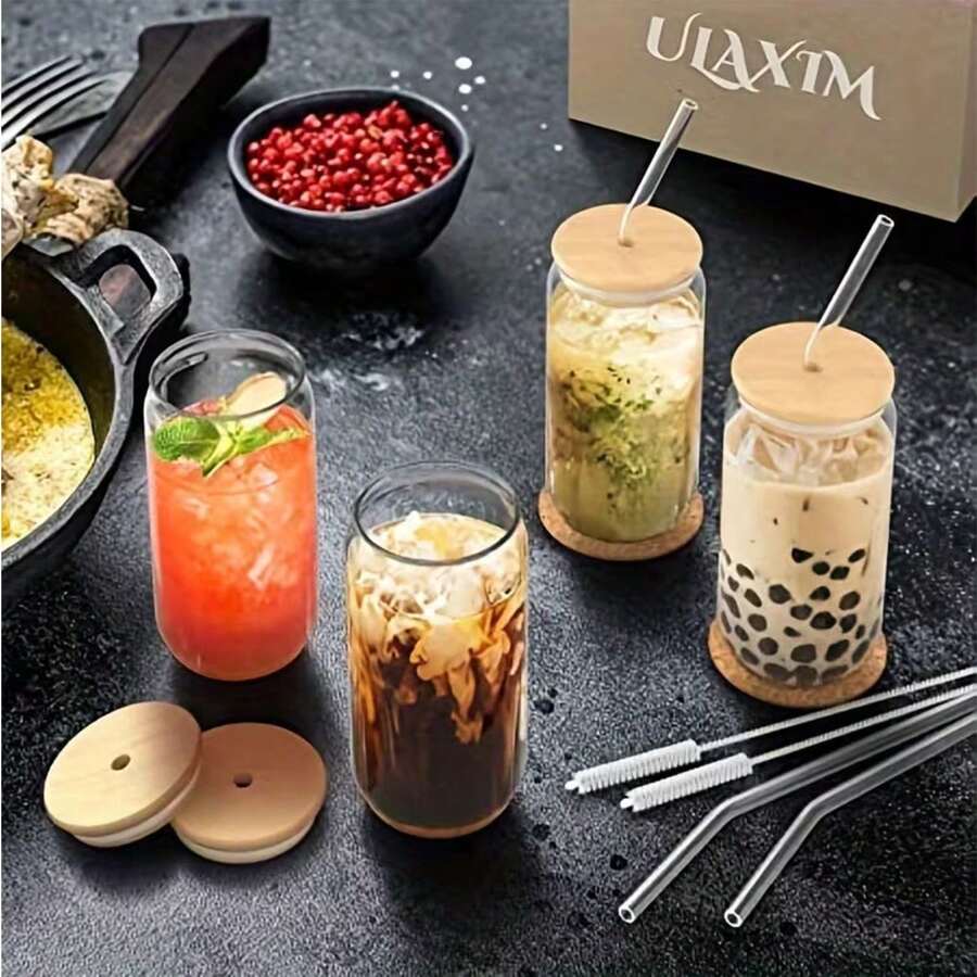 1/2/4/6个装 16盎司玻璃杯，带盖和吸管，附赠吸管清洁刷，便携式饮水杯，适用于咖啡，无异味，适合办公室、厨房、家庭、学校和户外使用，世界杯杯，夏季冰饮首选杯，水杯，咖啡杯，玻璃材质