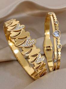 18K Gold Plated Stainless Steel Vintage Romantic Heart-Shaped Diamond Bangle Bracelet Set For Women Ladies, Summer Bohemia Beach Stainless Steel Jewelry, Vacation Season, Gifts For Mom, For Daily Party Dates Gala Wedding Valentine Anniversary Music Festival Christmas, Dates, Easter Day - Multicolor - View 11