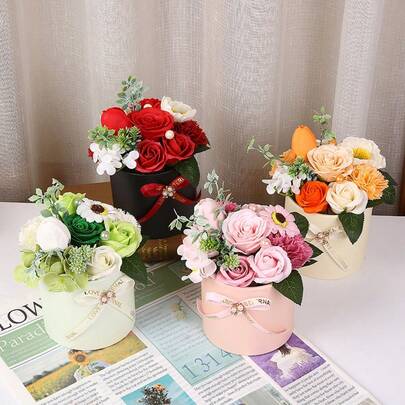 1件手工仿真皂花花束，人造花卉艺术品，创意圆柱形展示架皂玫瑰，母亲节礼物