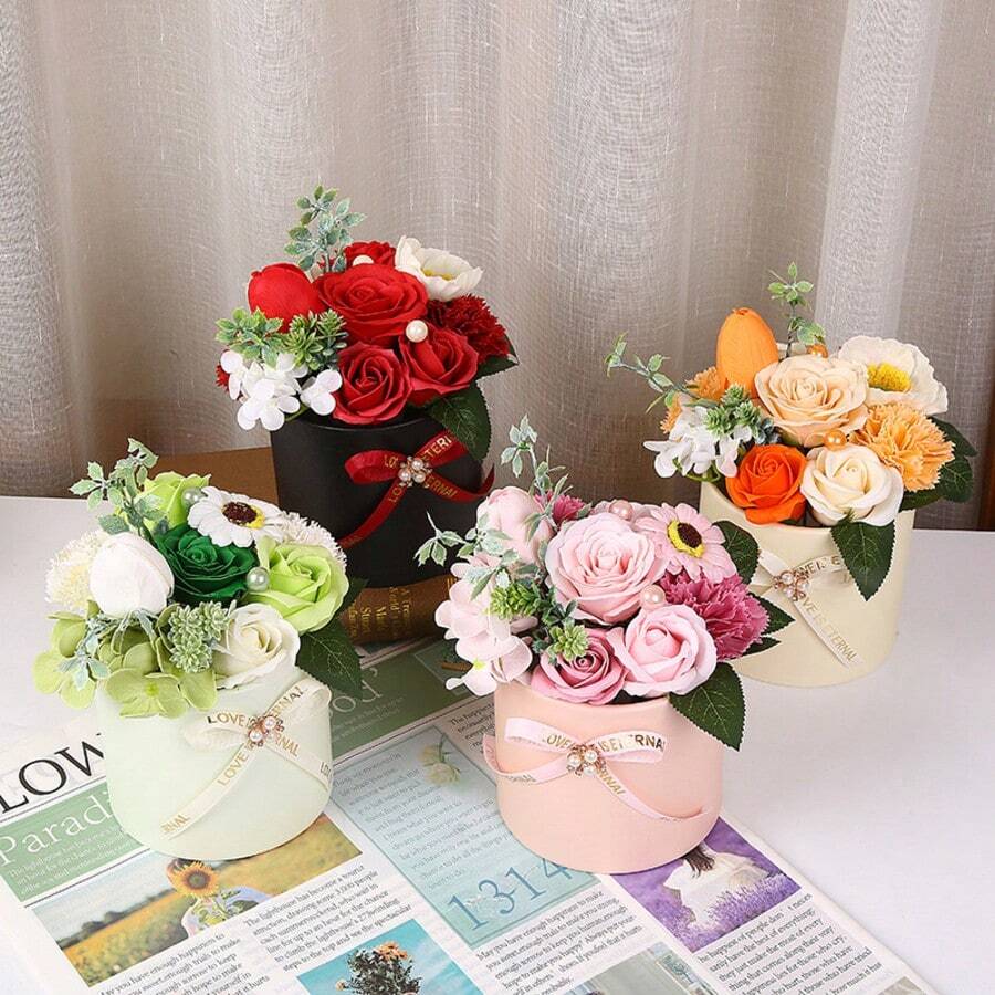 1pc Handmade Artificial Soap Flower Bouquet, Artificial Floral Art, Creative Cylindrical Display Stand Soap Rose, Mother's Day Gift
