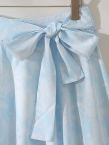 Women's Light Blue A-Line Flare Skirt, Paired With Tie Waist Belt And Floral Pattern, Showcasing Casual Elegant Style - Baby Blue - View 3