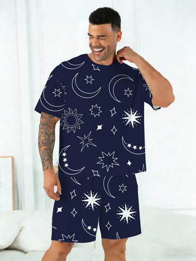 Bộ đồ ngủ nam cỡ lớn | Áo tay ngắn cổ tròn và quần short cạp chun, kiểu dáng thường ngày, bộ 2 món | Vải dệt kim polyester, thân thiện với da, thoáng khí, rộng rãi và thoải mái | Họa tiết ngôi sao in nổi, kiểu dáng thường ngày.