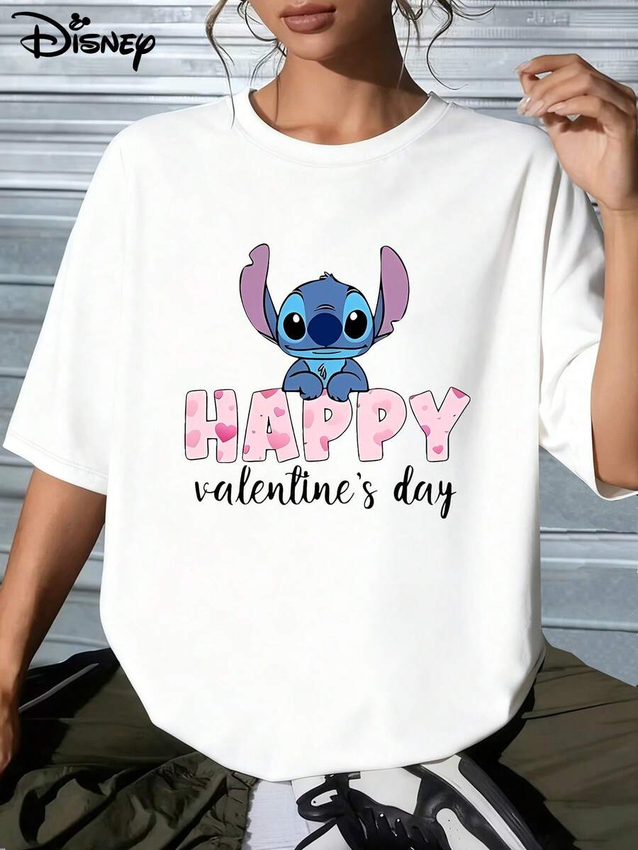 Disney Stitch Happy Valentine's Day Oversized T-Shirt: White Loose Fit Cotton Tee With Pink Heart & Stitch Graphic, Perfect For Couples, Date Outfits And Lilo & Stitch Fans, Ideal Gift - White - View 1