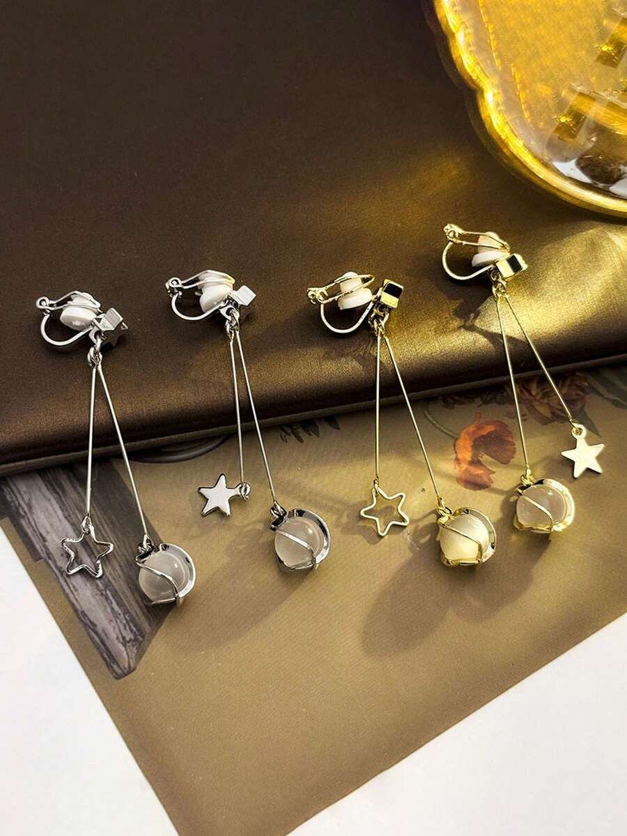 1对简约仿猫眼石流苏耳夹，优雅星形吊坠耳环，适合无耳洞人士佩戴 - clip - 查看 1