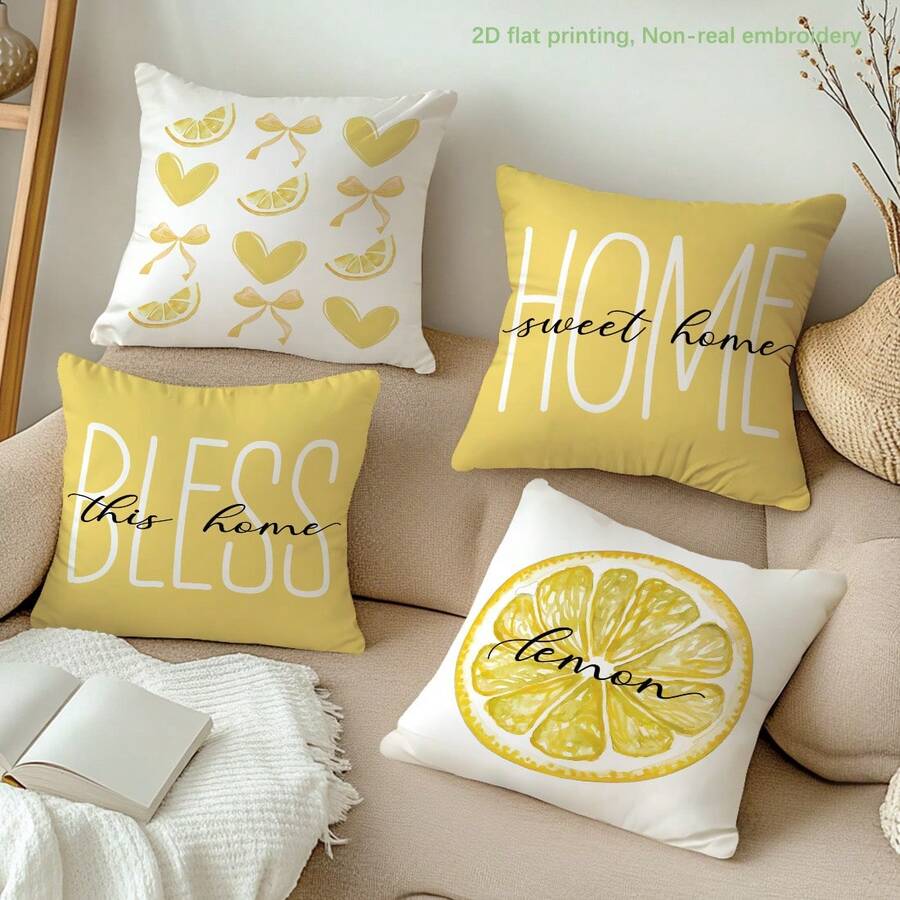 4入黃色背景蝴蝶結愛心檸檬 HOME Sweet Home & BLESS This Home 溫馨標語印花枕套 [不含枕芯]，40*40cm/45*45cm/50*50cm，[單面印刷] 聚酯纖維材質黃白對比靠墊套，客廳、臥室、沙發、床、汽車、辦公室、飯店室內裝飾，四季適用，送給家人朋友的完美禮物