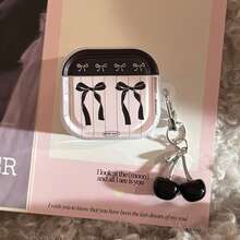GUCADI 1pc Transparent Black & Pink Striped Bow + Silver-Plated Black Cherry Pendant, Sweet & Cool Black & Pink Bow Apple 4/Pro 2 Bluetooth Earphone Case, Cherry Pendant - Multicolor - View 5