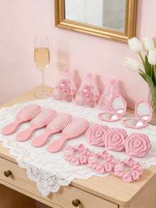 24pcs Pink Party Gift Set, Including 6 Mirrors, 6 Combs, 6 Headbands And 6 Mesh Bags. Suitable For Wedding Party Gifts, Valentine's Day Elastic Headbands, Mirrors, Hair Brushes, Mesh Gift Bags, Wedding Hair Accessories, As Well As Engagement Parties, Wedding Favors - 多色 - 查看 2