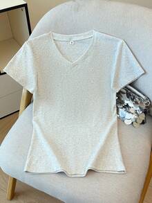 2026 Spring/Summer New V-Neck Short Sleeve T-Shirt, Versatile Heather Gray Solid Color Slim Fit Casual Top For Women - Gray - View 5