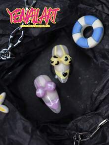 10片杏仁形中长假指甲，自然底色，3D立体装饰比基尼风格，蓝色、黄色、橙色、白色、紫色、爱心、豹纹、波点图案，欧式全覆盖设计，适合女性和女孩夏季美甲，包含1个迷你指甲锉和1张贴纸，完美适用于派对、婚礼和日常佩戴，是春夏美甲的必备单品。 - 彩色 - 查看 6