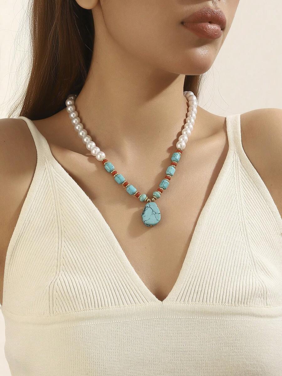 1件仿珍珠绿松石串珠吊坠项链，波西米亚风女士颈链，度假饰品 - 彩色 - 查看 1