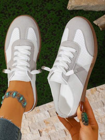 女士多功能时尚休闲运动鞋，平底防滑系带圆头橡胶底休闲鞋，黑卡其色拼接，适合日常穿着，鞋履，休闲运动鞋