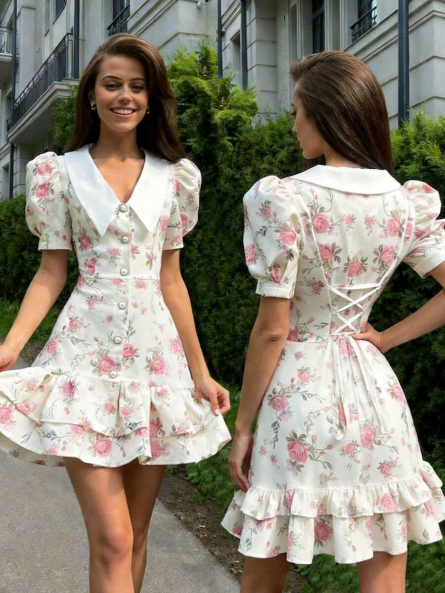 Women's Elegant Fashion V-Neck Ruffled Single-Breasted Puff Sleeve Floral Mini Dress Summer Vacation Pink - Pink - View 1
