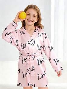 Bata de baño informal de manga larga con estampado de corazón para niña preadolescente - Multicolor - Ver 3