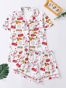 Bộ đồ ngủ nữ 2 món in hình hamburger và gà rán ngộ nghĩnh, gồm áo tay ngắn cài cúc rộng rãi thoải mái và quần short, bộ đồ ngủ liền thân. - trắng - Xem 1