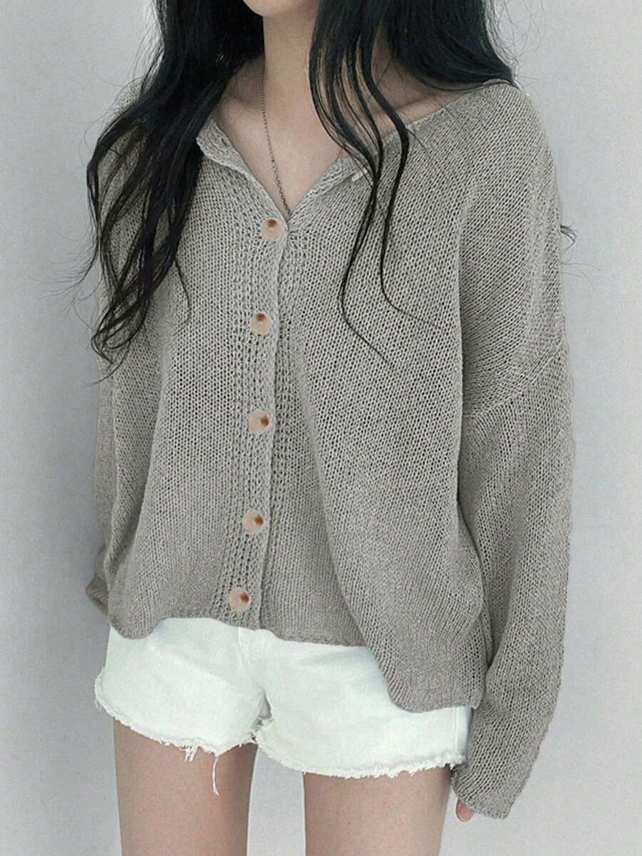 Women's Loose Knit Cardigan, Korean Soft And Relaxed Style, Lightweight Breathable Sun Protection, Single-Breasted Design, Casual Commute Wear (Semi-Transparent), Spring/Summer - Grey - View 1